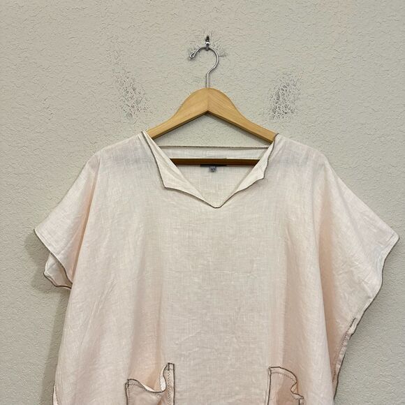 TUTU & LILLI Boxy Linen Top Pale Peach Sheer Slit Patch Pocket NWOT - Picture 3 of 8